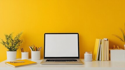 Creative worktable with blank screen laptop, stationery and books on white table with yellow wall