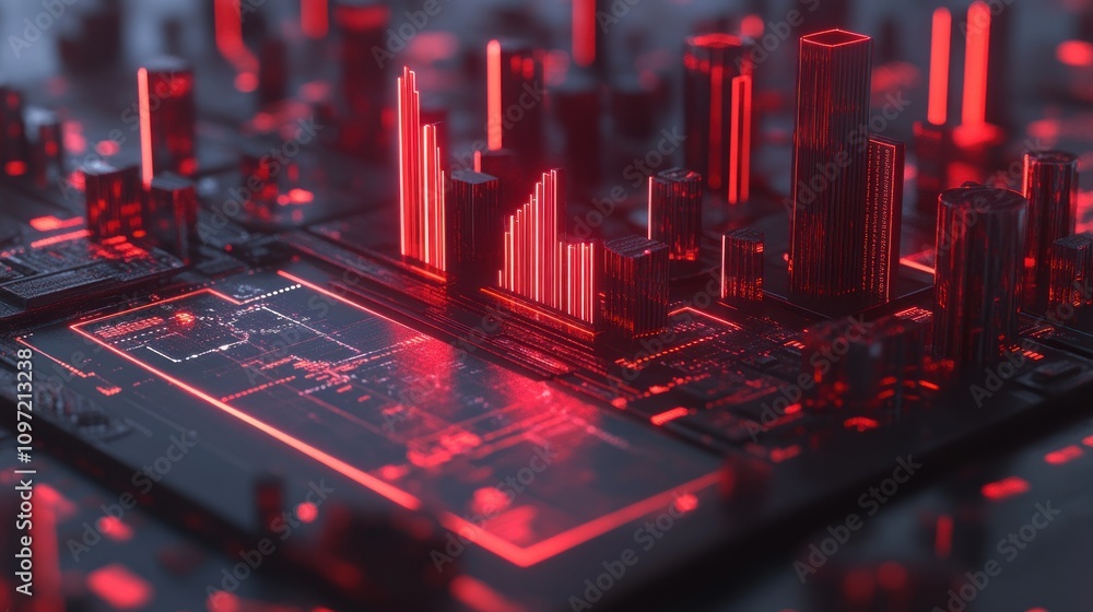 Aufkleber a futuristic digital landscape featuring red-lit structures on a circuit board.