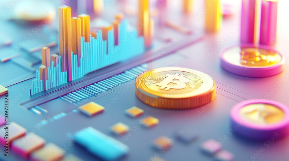 Poster A digital representation of cryptocurrency with graphs and coins.