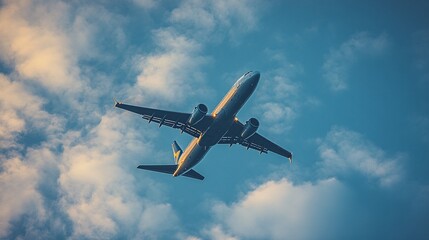 Obraz premium Commercial airplane in flight, side view, soaring through a clear blue sky with sparse clouds, exuding a sense of freedom and adventure.