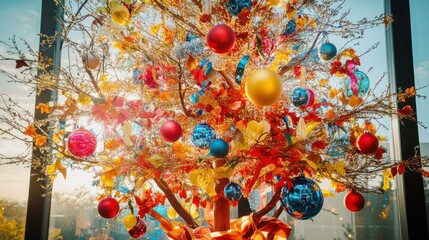 A vibrant tree with colorful baubles and ribbon, giving a joyful holiday feel