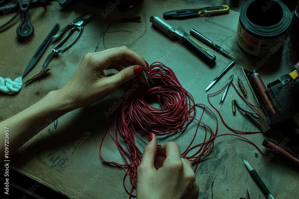 Poster a person untangling red wires amidst various tools and materials on a workbench.