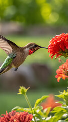 Obraz premium A hummingbird hovering mid-air while feeding on a bright red flower, wings blurred to show motion