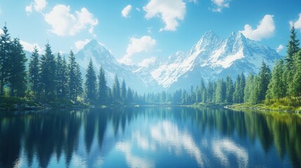 Serene mountain landscape with a reflective lake and lush greenery.