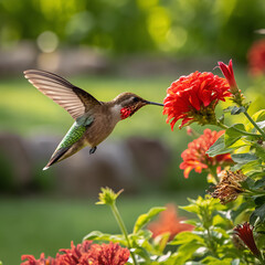 Obraz premium A hummingbird hovering mid-air while feeding on a bright red flower, wings blurred to show motion