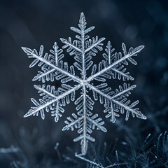 An extreme close-up of a single snowflake showcasing its intricate crystalline structure against a dark background