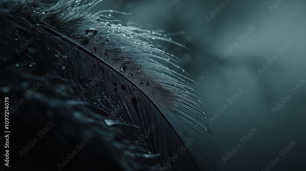 Poster a close-up of a feather with water droplets, showcasing texture and detail in a moody setting.