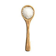 A wooden spoon filled with white salt, used for cooking and seasoning food.