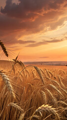 Sunset casting a golden glow over a vast wheat field, each stalk detailed and gently swaying