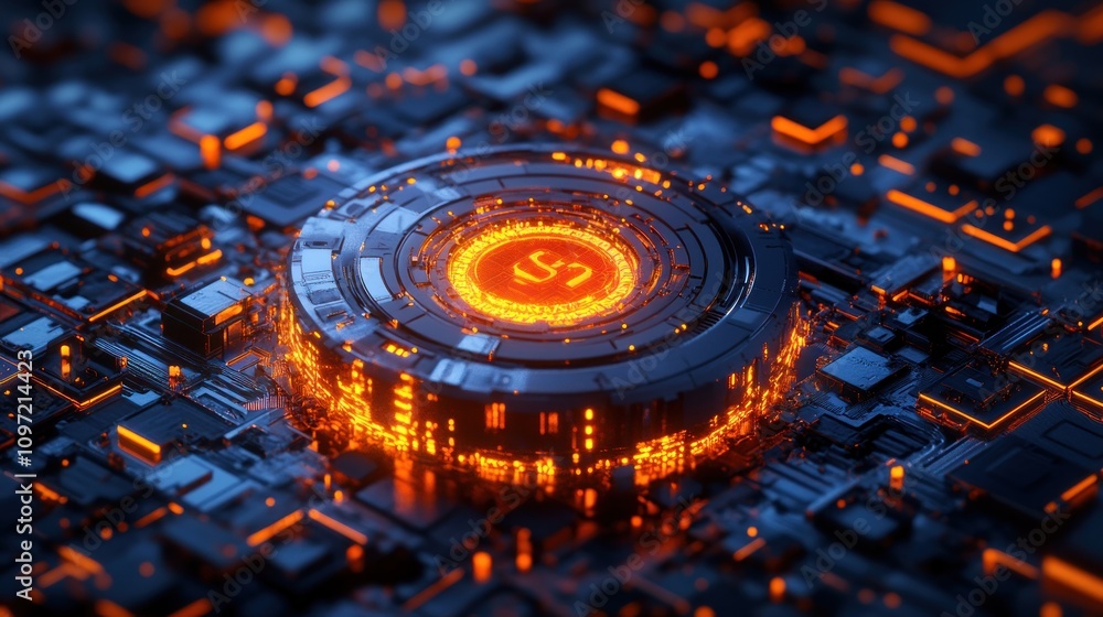 Aufkleber a futuristic, glowing circuit board design with an intricate, circular pattern.