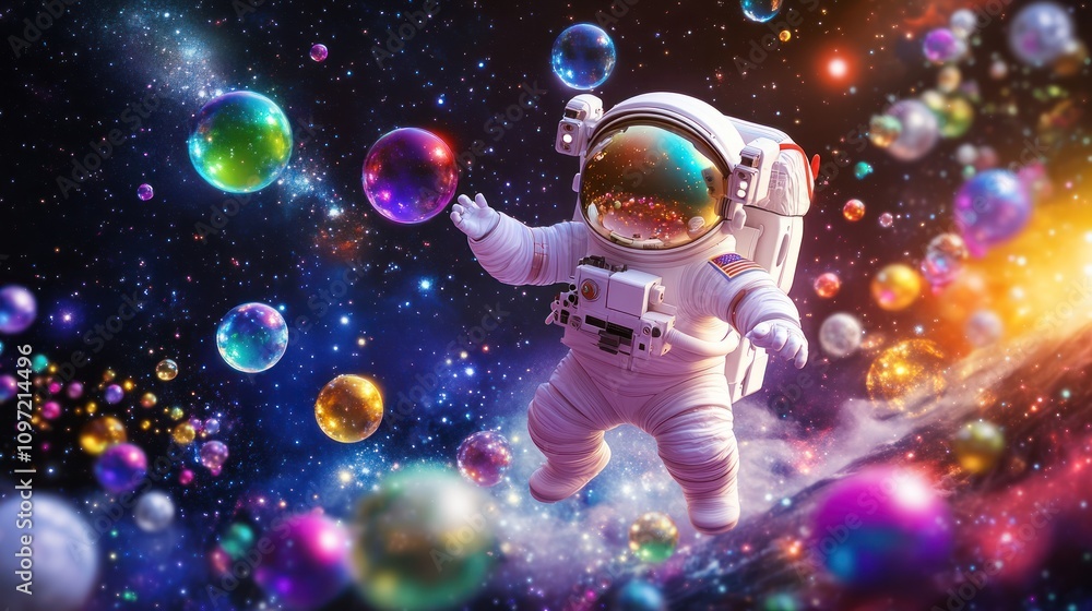 Poster an astronaut floats in space surrounded by colorful bubbles, evoking wonder and imagination.