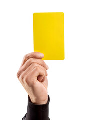 close-up male football (soccer) referee hand holding yellow card