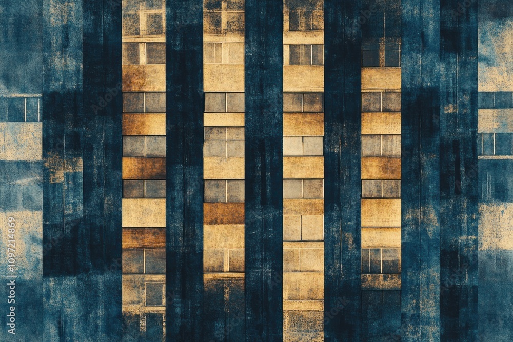 Poster abstract representation of building facades with a textured, artistic overlay.