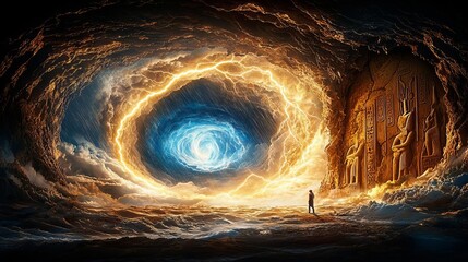 Ball lightning floating in a stormy cave, illuminating ancient carvings on the walls