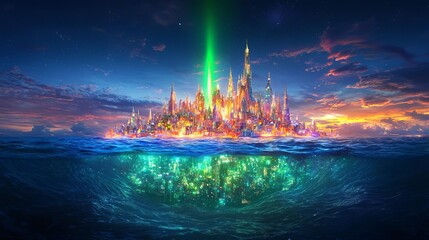 A green flash breaking the horizon of a surreal ocean, revealing a submerged glowing city