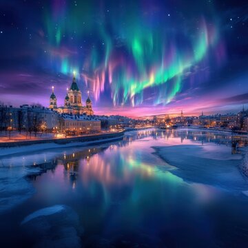Frozen Beauty: Northern Lights and Uspenski Cathedral in Helsinki's Katajanokka District