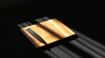 Dark Knife Rests on Light Wooden Cutting Board