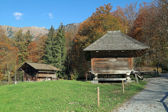 Traditional swiss country houses in the open-air museum of Ballenberg. Autumn alpine landscape. Municipality of Hofstetten bei Brienz, canton of Bern, Switzerland.