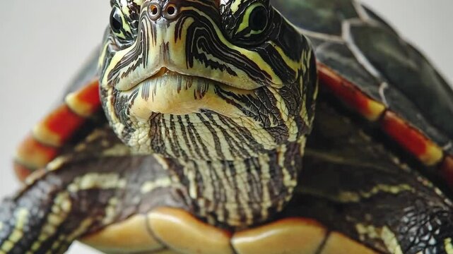 Close-up view of a turtle showcasing unique shell patterns and facial features