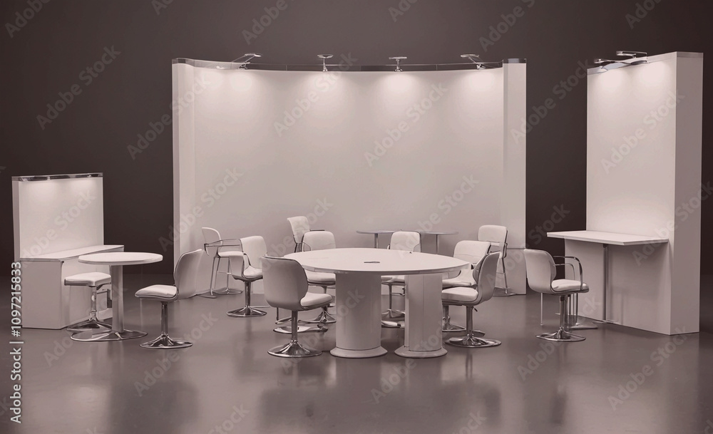 Poster A white room with a large table and chairs. The chairs are arranged in rows and the table is surrounded by chairs. The room is empty and the chairs are not in use