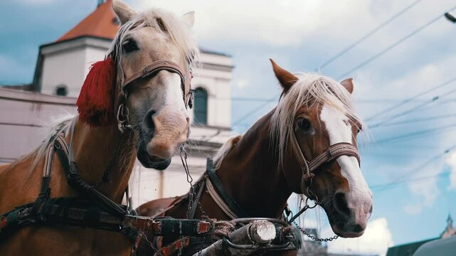Two Brown Horses Stand in a Team Harnessed to a Cart on a City Street. Excursion or horse-drawn carriage. Close-up, horses chewing. Working horses, animals. Blurred background. Tourism business.