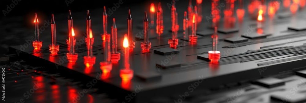 Aufkleber a close-up of a dark control panel with glowing red lights and sliders.
