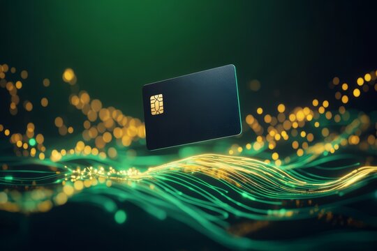 Digital credit card with a chip floating above abstract data waves and bokeh lights. Futuristic representation of electronic payments. Finance and technology concept