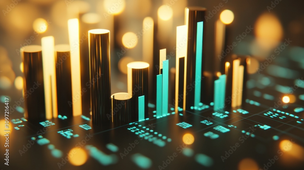 Poster A digital visualization of data with glowing bars and a futuristic aesthetic.