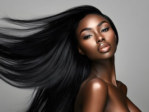 Beautiful ebony African model woman with long hairstyle