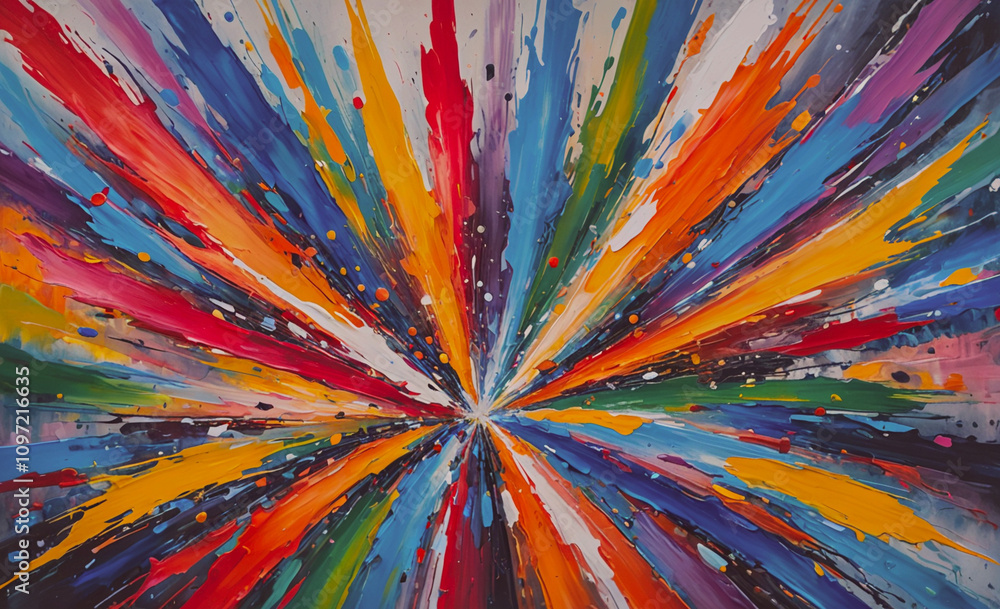 Poster a colorful painting with a rainbow and a starburst. the painting is full of bright colors and has a 