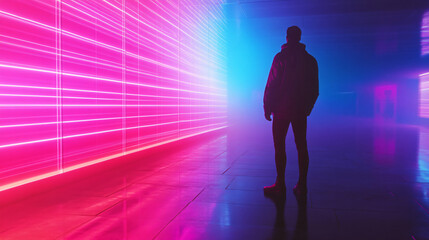 Fototapeta premium Silhouette of a technician looking at glowing pink and blue neon lines in a futuristic corridor, a scene of mystery and technology