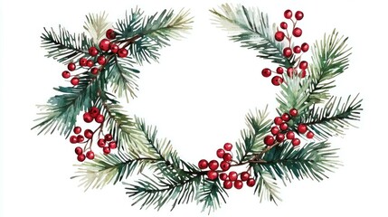 Watercolor illustration of a festive wreath made of green pine branches and red berries. Perfect decoration for holiday season and winter celebrations.