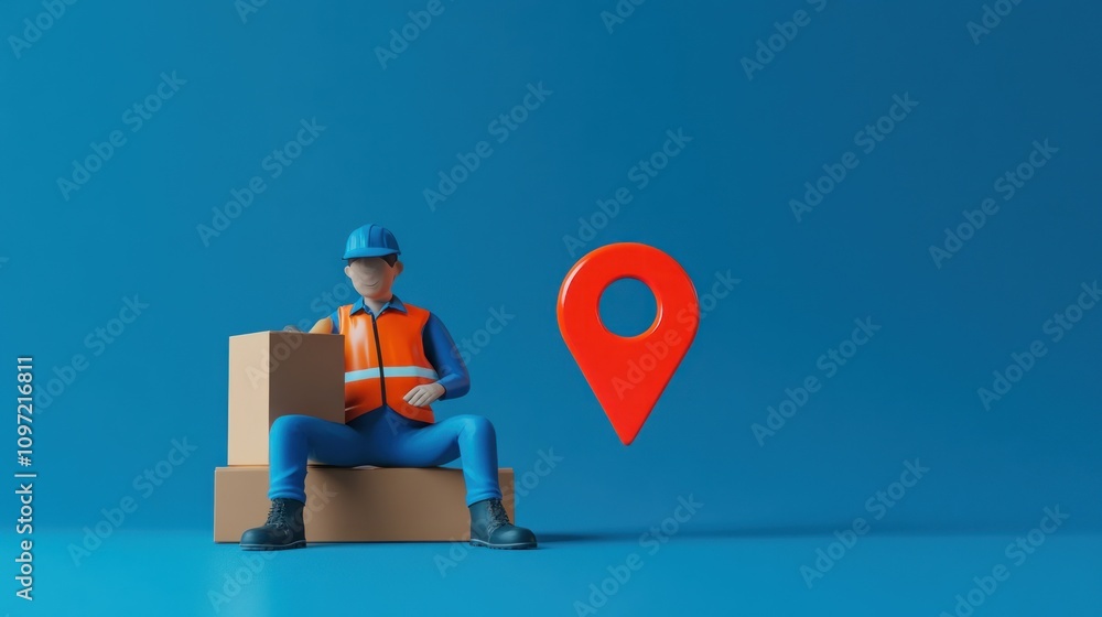 Poster a 3d delivery worker sits beside boxes with a location pin, symbolizing logistics and delivery.