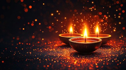Diwali Lamps with Golden Lights on Red Background - Hand Drawn Vector Illustration