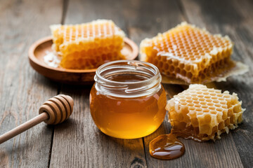 Fresh honey in a glass jar surrounded by honeycomb pieces and a wooden dipper on a wooden background, ideal for showcasing natural food