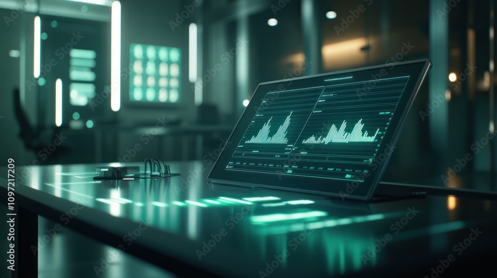 Leinwandbilder A modern workspace featuring a digital display with data visualizations and a sleek design.