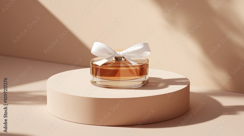 Poster a stylish perfume bottle with a ribbon, displayed on a circular pedestal in soft lighting.