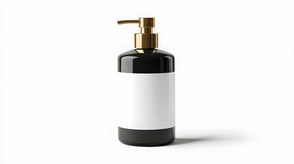Naklejka premium Black pump bottle with gold top and blank white label, isolated on white background.