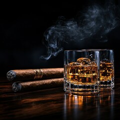 Smoky Men's Club: Two Glasses of Bourbon and a Cigar on Wooden Table Against Black Background