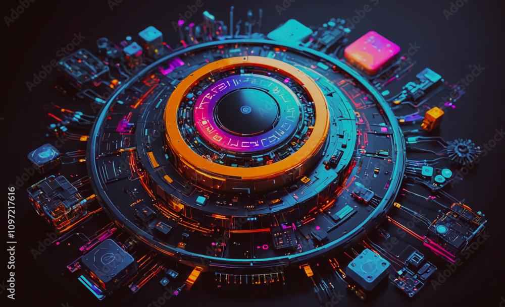 Poster a colorful, abstract design of electronic components. the design is made up of many different shapes