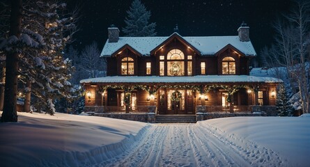 A dreamy snowy night in Aspen, Colorado with Christmas decorations and a dream house