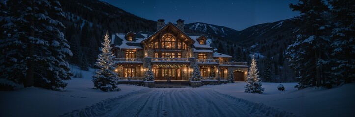 A dreamy snowy night in Aspen, Colorado with Christmas decorations and a dream house