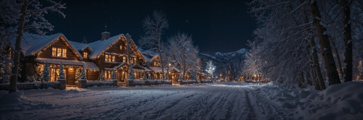 A dreamy snowy night in Aspen, Colorado with Christmas decorations and a dream house