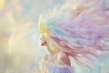 A girl with hair composed of fluffy multi-colored feathers