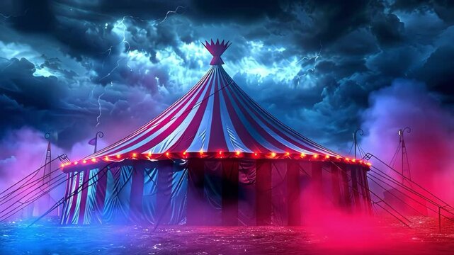 A dramatic circus tent with striking red and white stripes, illuminated against a stormy, cloudy backdrop with lightning.
