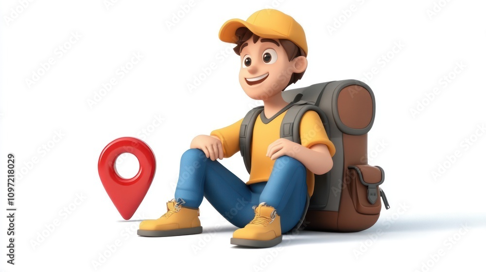 Poster a cheerful cartoon character with a backpack and a location pin, symbolizing travel and adventure.