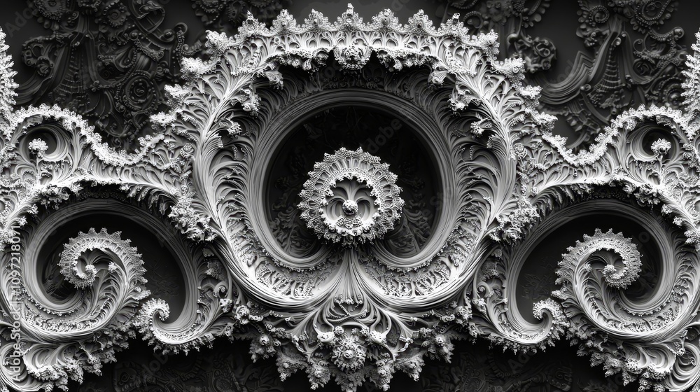 Poster intricate fractal design digital art abstract patterns monochrome aesthetics close-up view artistic 