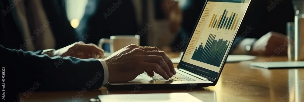 Aufkleber a close-up of a hand typing on a laptop displaying business graphs in a meeting setting.