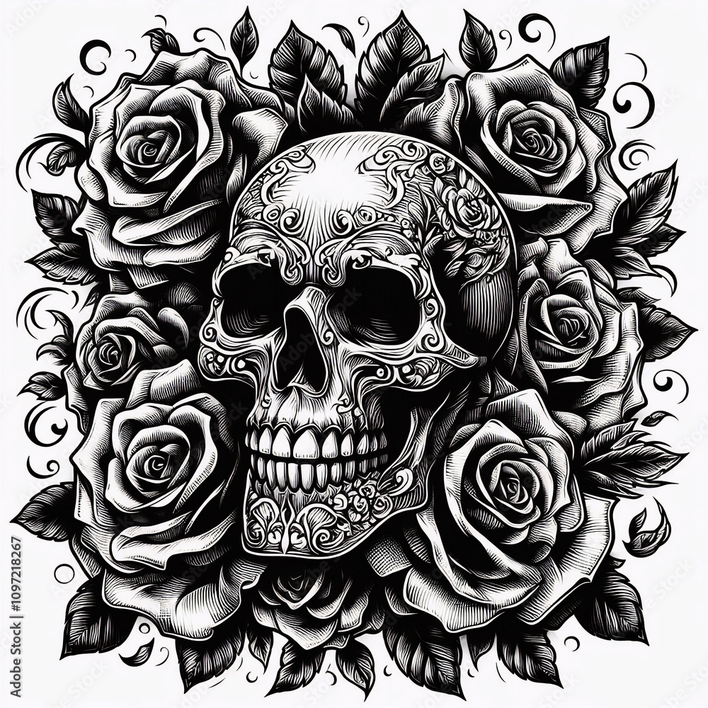 Aufkleber skull surrounded by roses. Tattoo design, featuring intricate engraving in a classi style sketch engraving generative ai raster illustration. Scratch board imitation. 