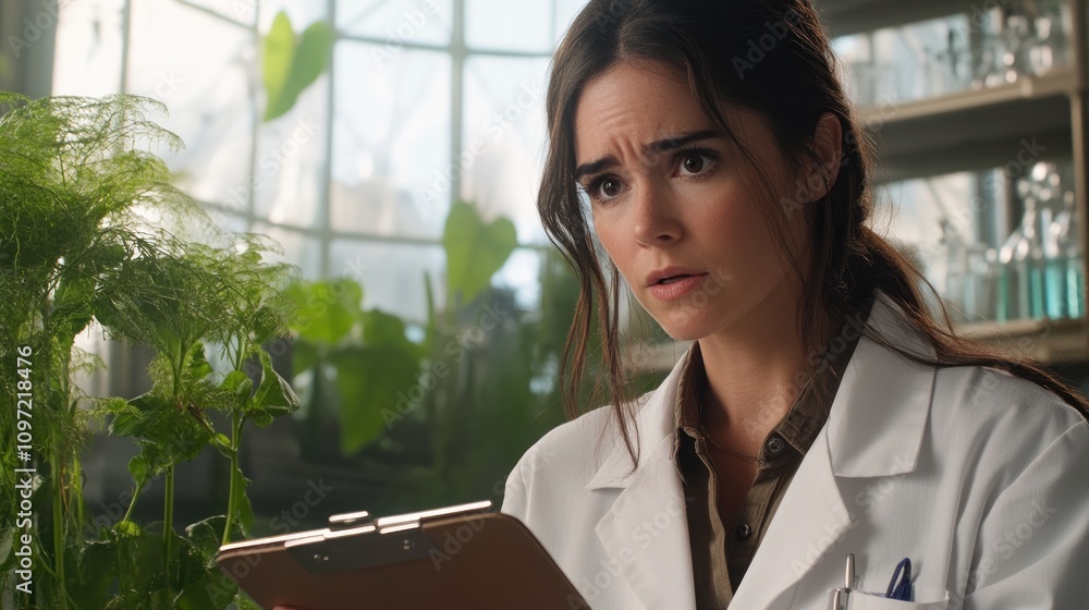 Poster a concerned scientist examines plants while taking notes in a laboratory setting.
